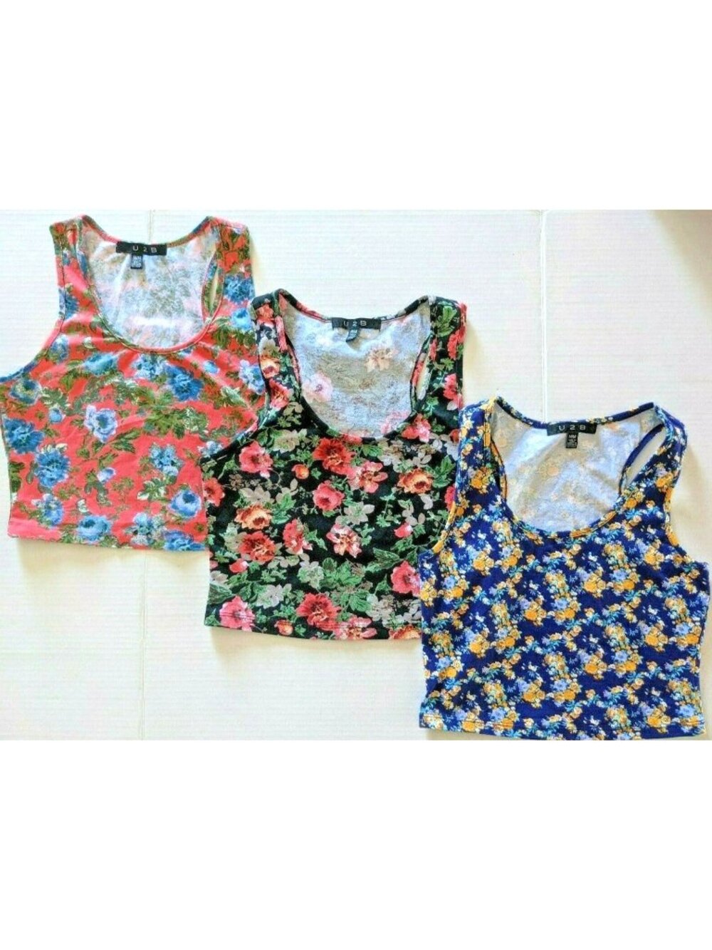 U2B Lot Of 3 Women Tank Tops Crop Floral Cotton Spandex Knit Stretch Size M